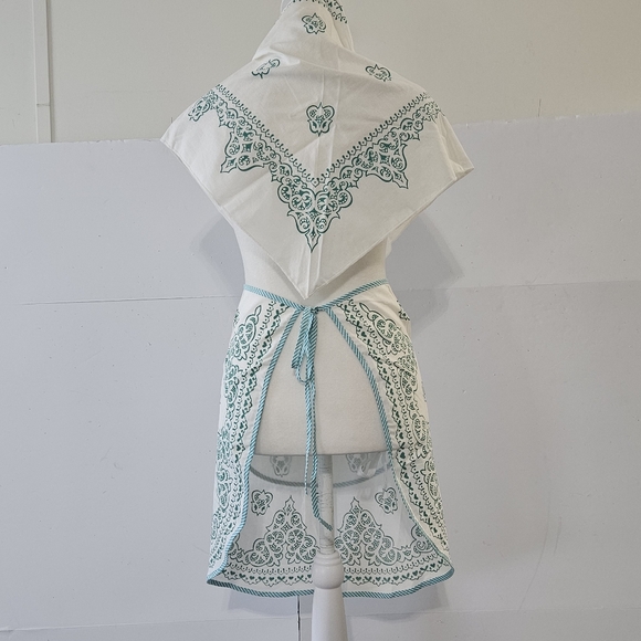 VTG Cotton Kitchen Apron & Bandana Set Blue Green Teal Swirled Design Pattern. - Picture 2 of 16